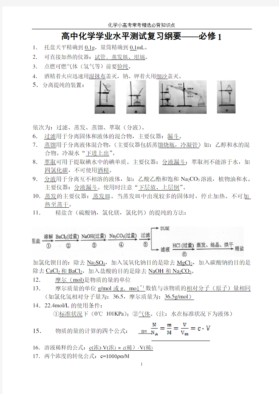 高中化学学业水平测试常考必背知识点