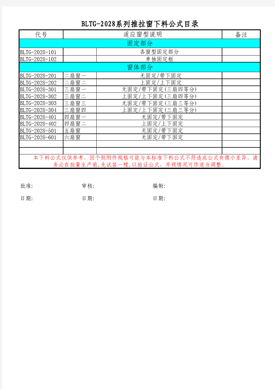 BLTG-2028系列断桥铝合金推拉门窗下料公式参考