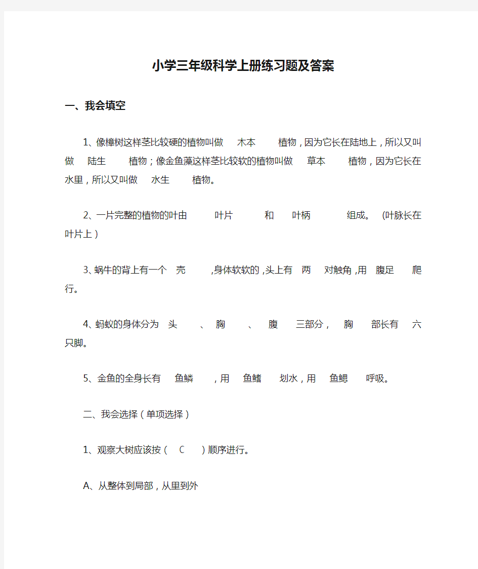 小学三年级科学上册练习题及答案