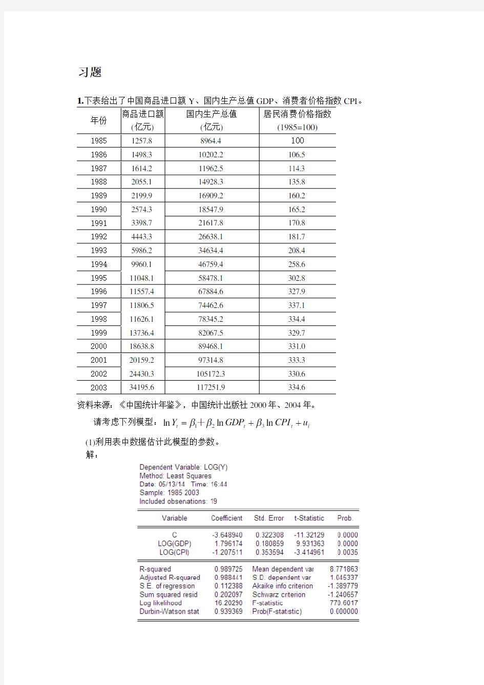 计量经济学实验五 多重共线性的检验与修正 完成版