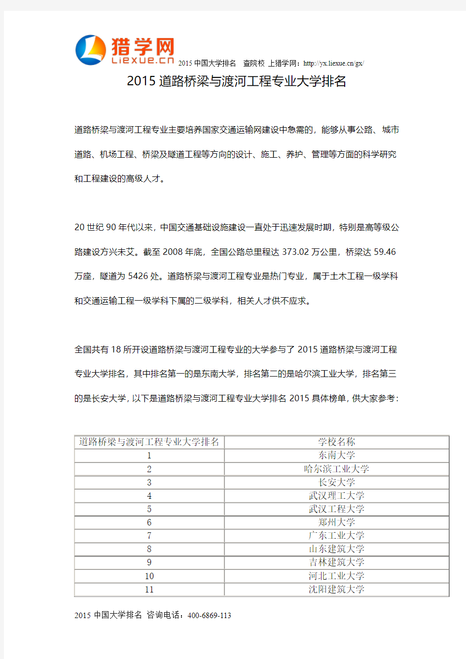 2015道路桥梁与渡河工程专业大学排名