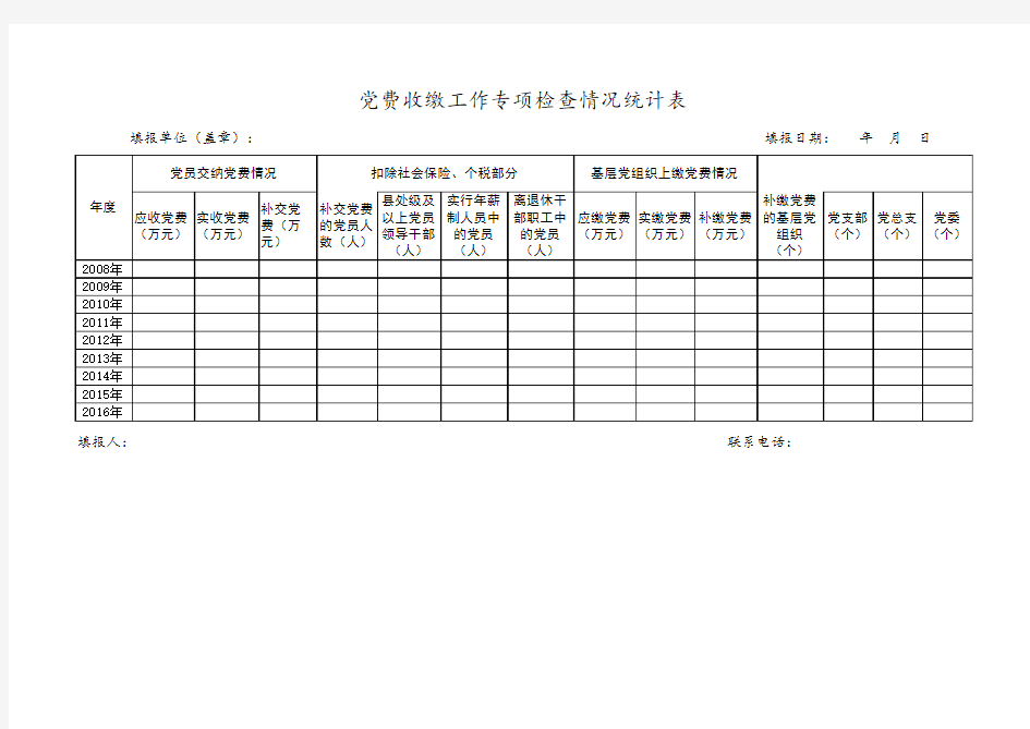 党费收缴工作台账、党费收缴工作专项检查情况统计表