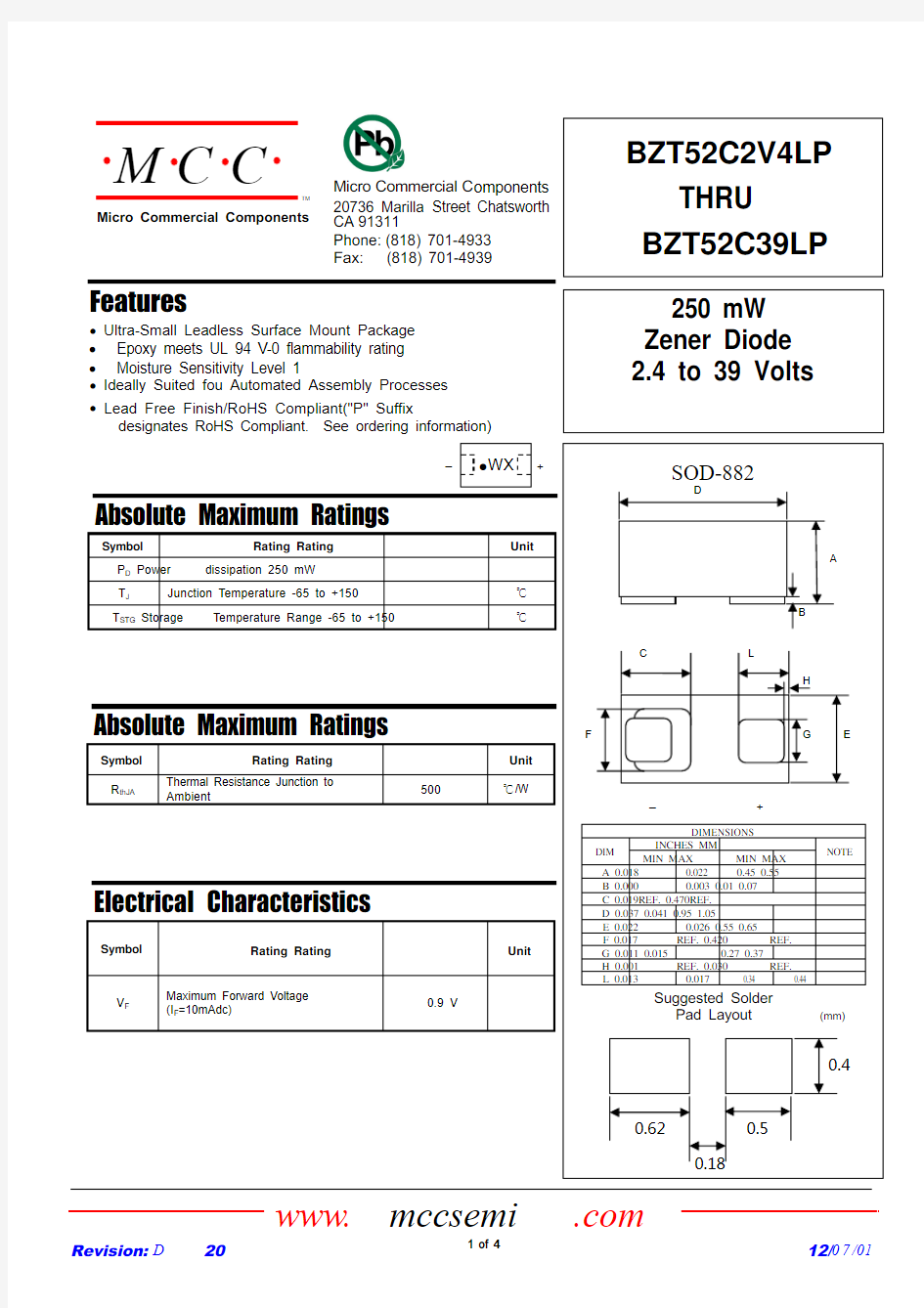 BZT52C24LP-TP;BZT52C20LP-TP;BZT52C22LP-TP;BZT52C39LP-TP;BZT52C5V1LP-TP;中文规格书,Datasheet资料