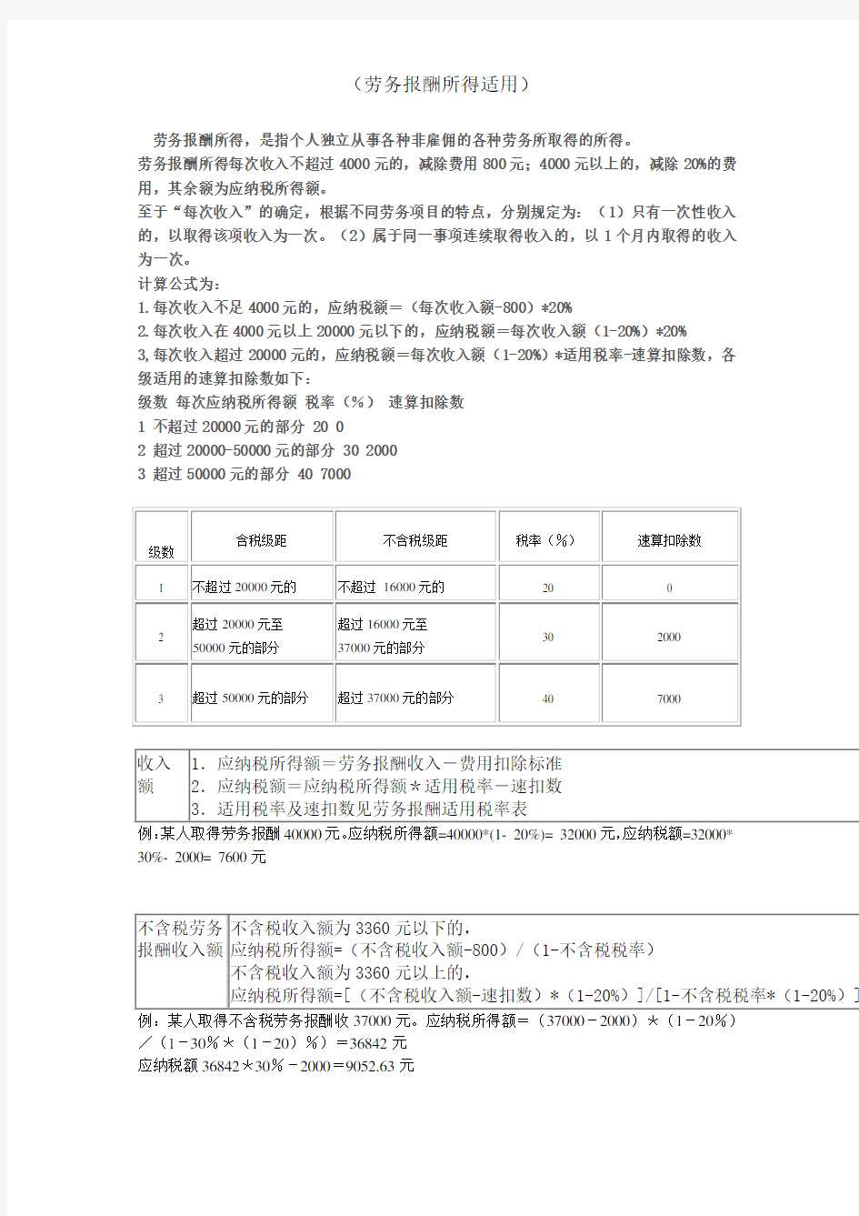 劳务报酬税率计算