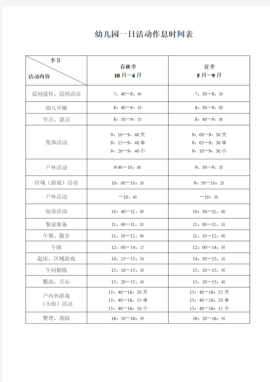 幼儿园一日活动作息时间表