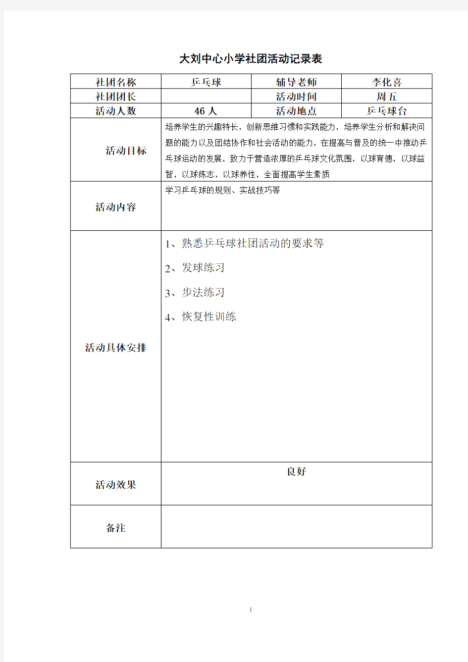 乒乓球社团活动记录表