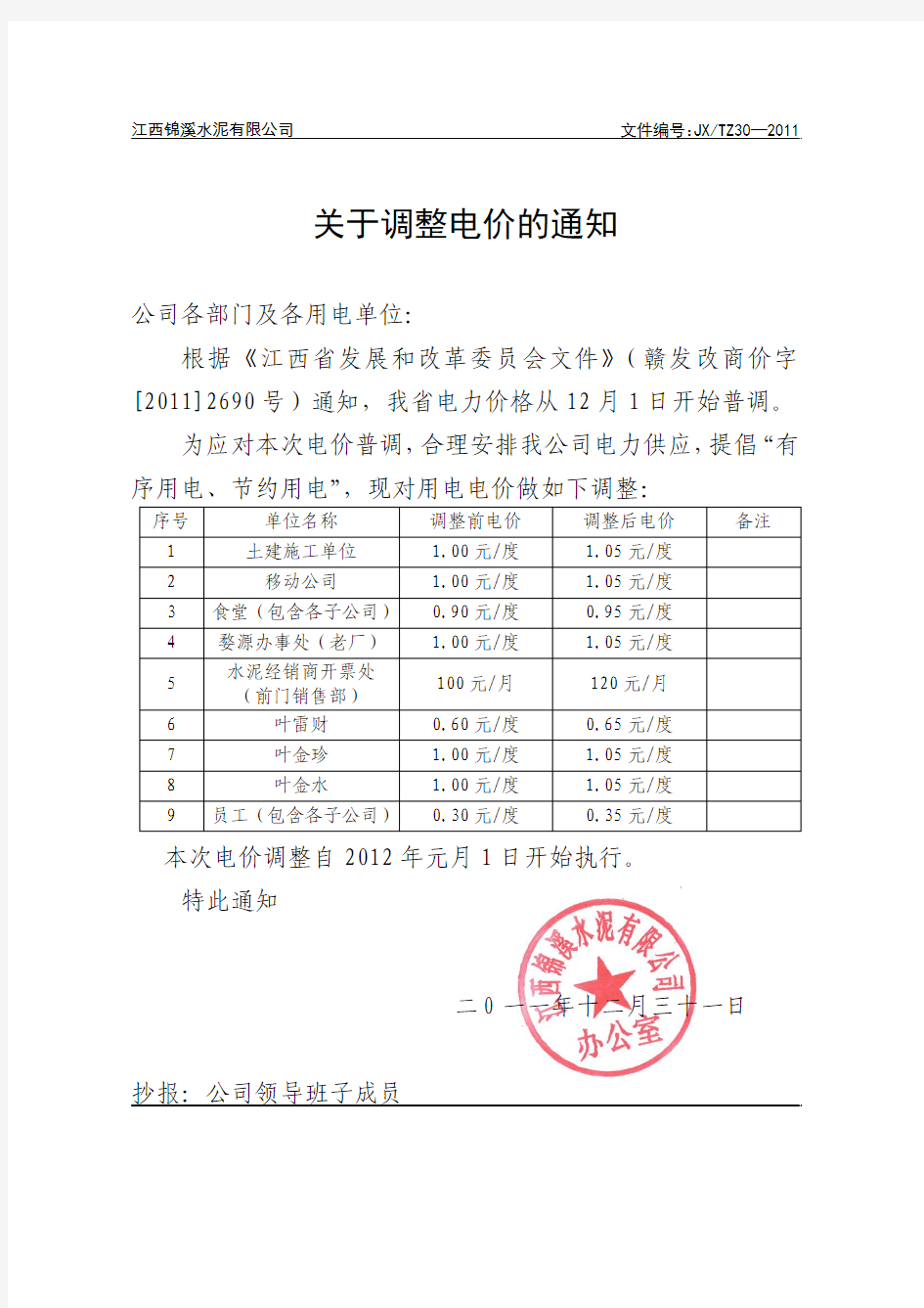 关于调整电价的通知