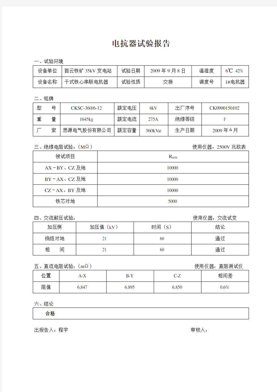 电抗器试验报告