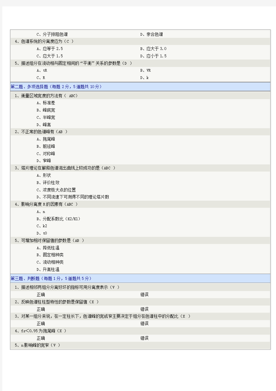 《现代色谱分析》第02章在线测试(满分)