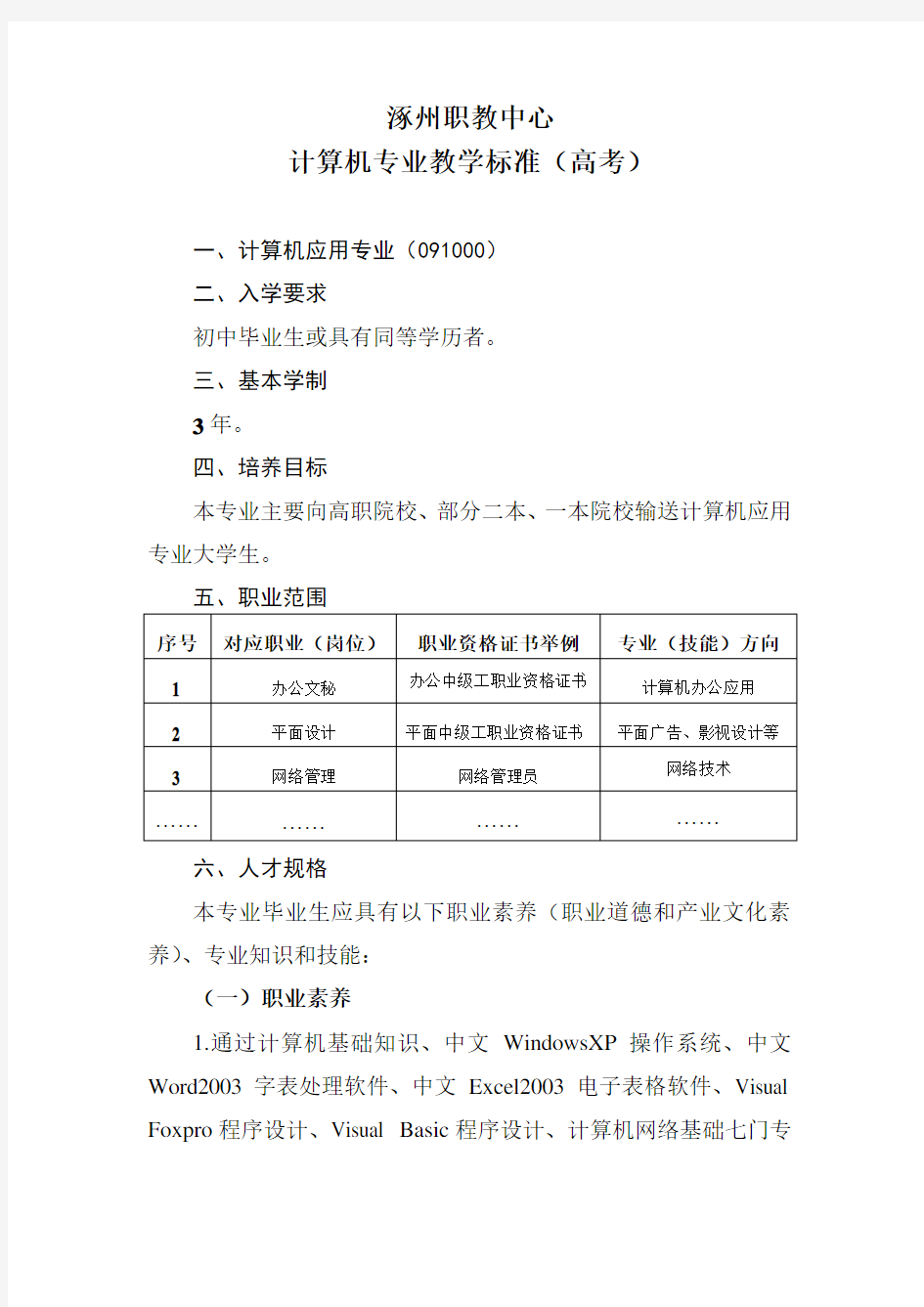 涿州职教中心计算机专业高考班人才培养方案