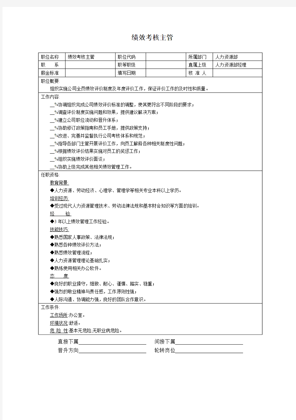 管理类职位说明书(绩效考核主管、客户关系主管、客户开发主管、客户维护主管)