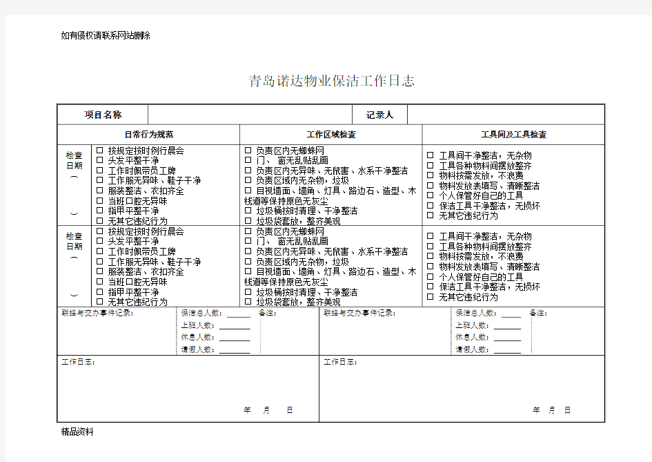 保洁工作每日检查记录word版本