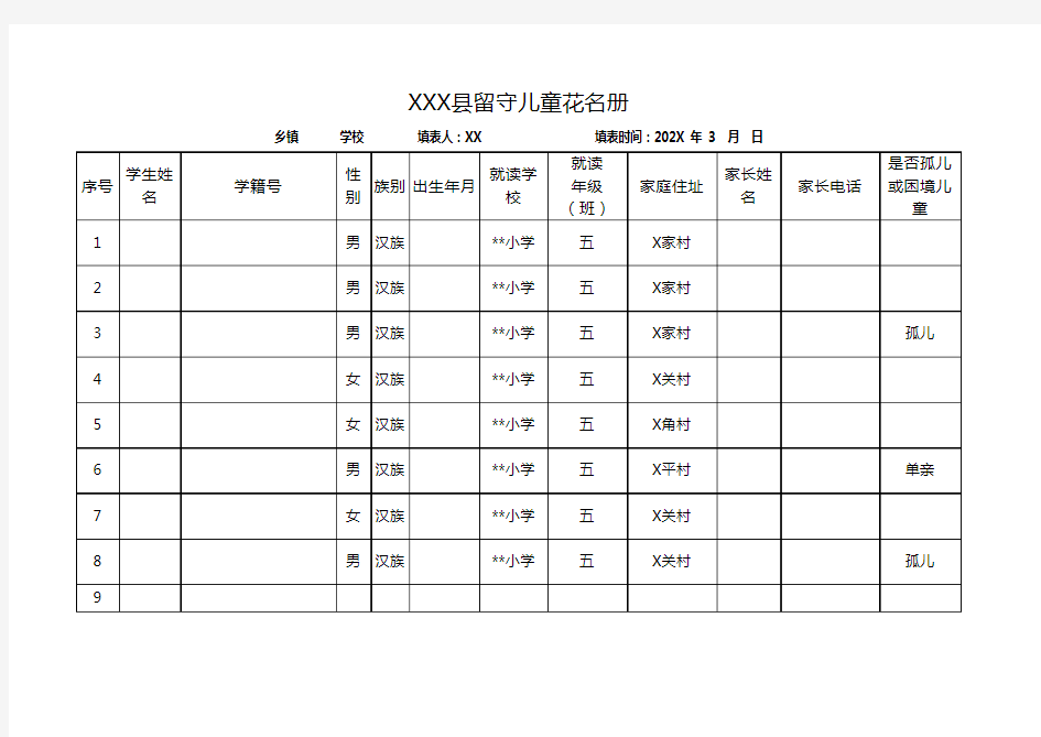 留守儿童登记表