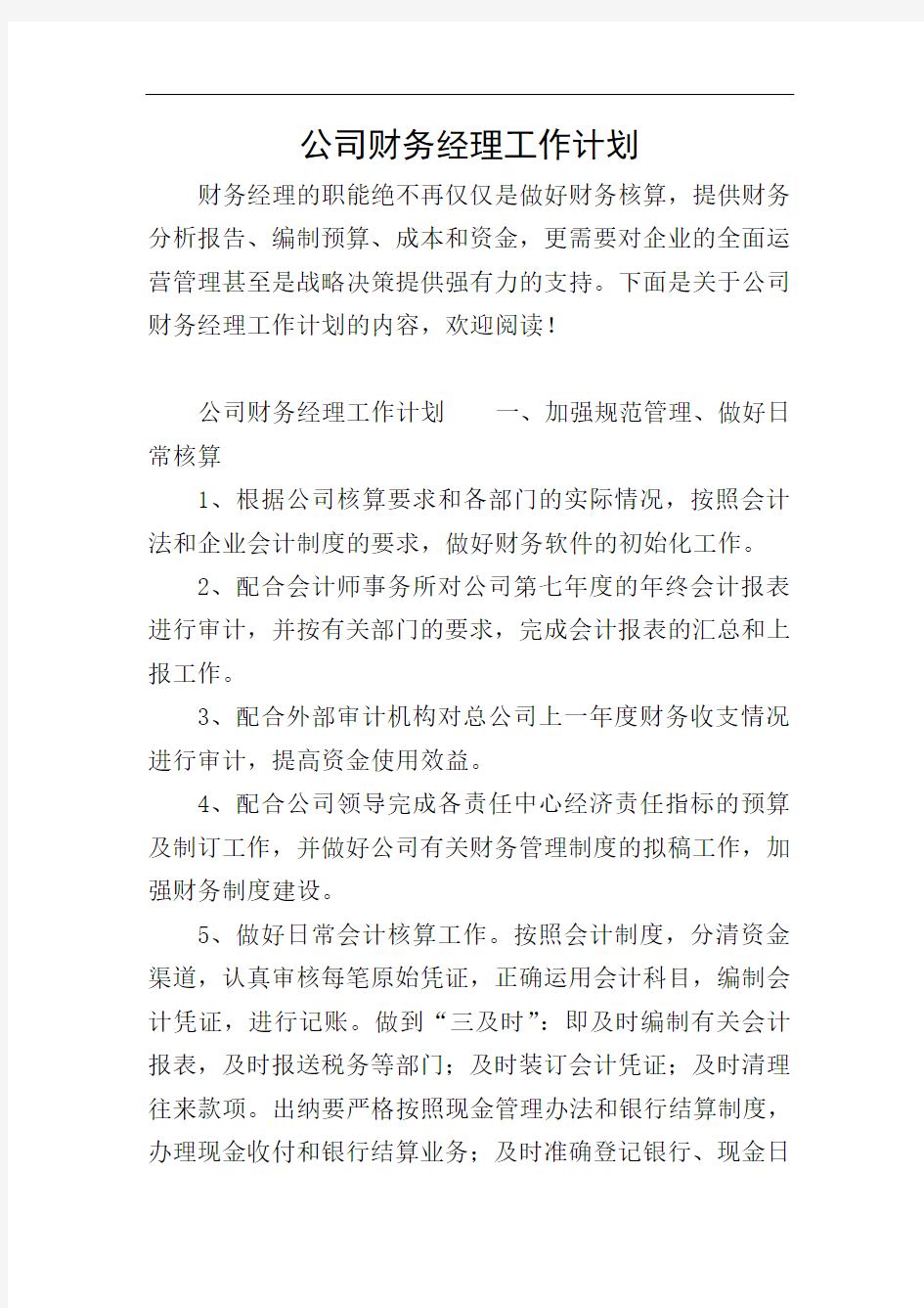 公司财务经理工作计划