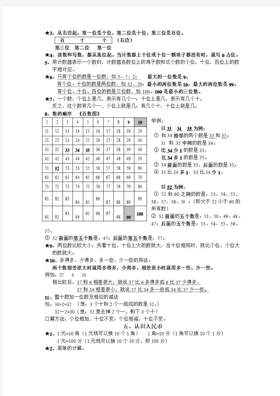 人教版小学一年级下册数学重难点知识归纳复习各单元总结