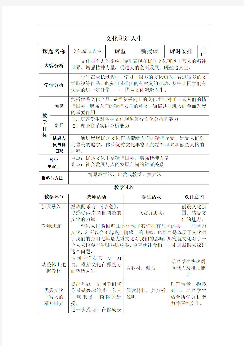 人教版高中政治必修3文化塑造人生优质教案(1)