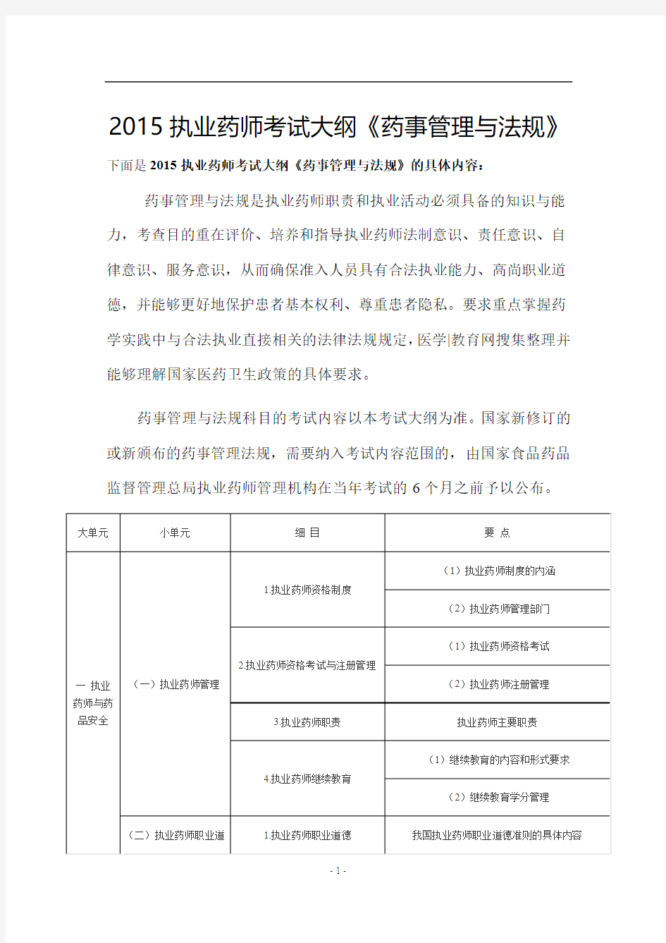 2015年执业西药师考试大纲-药事管理和法规