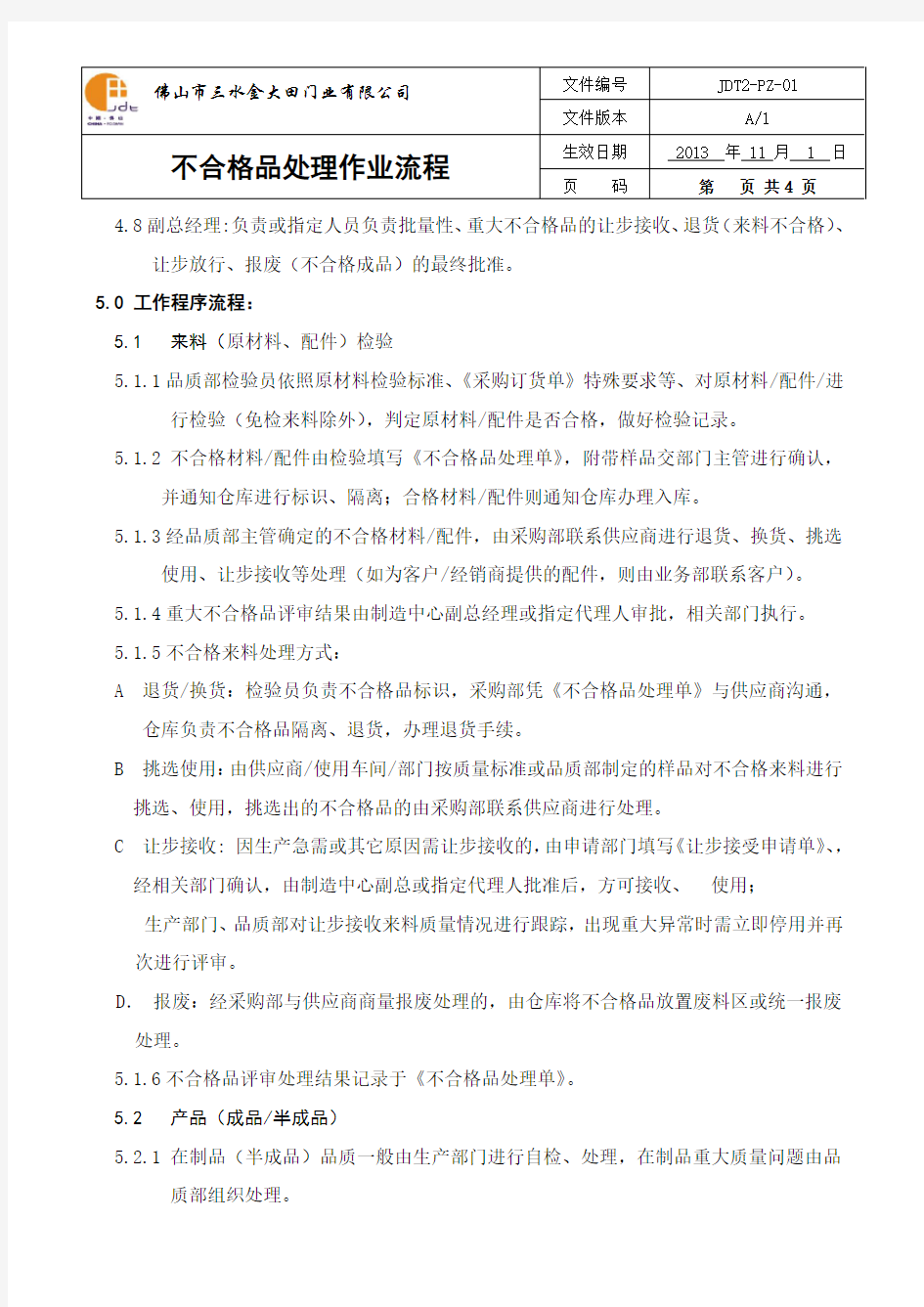 不合格品处理作业流程