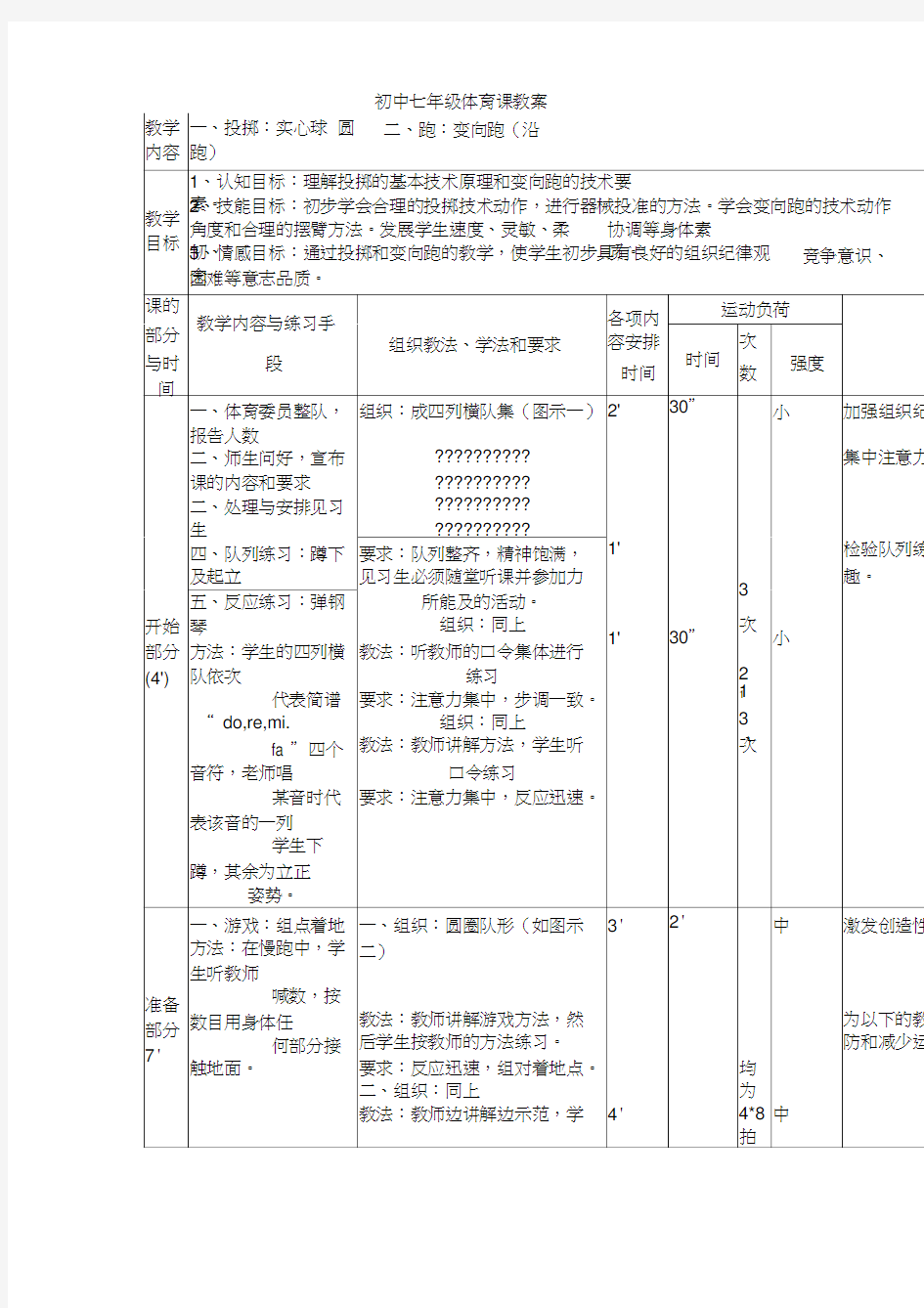 初中七年级体育课教案