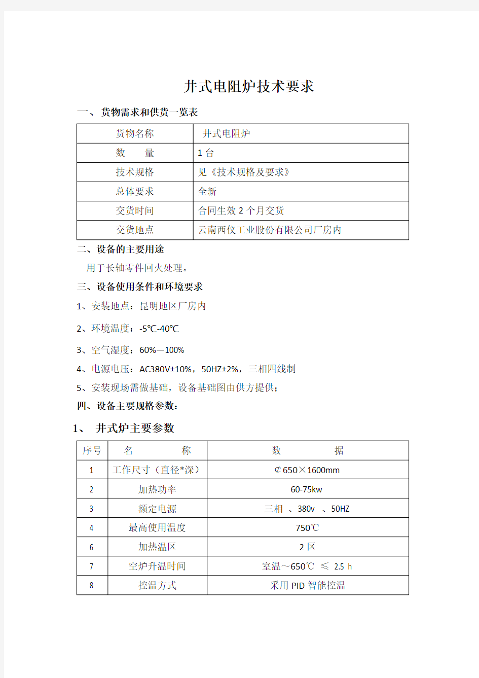 井式电阻炉技术要求