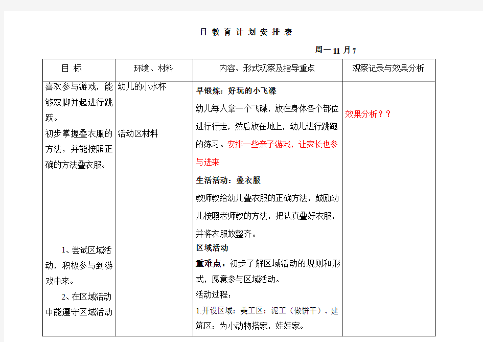 幼儿园小班第11周早班教案