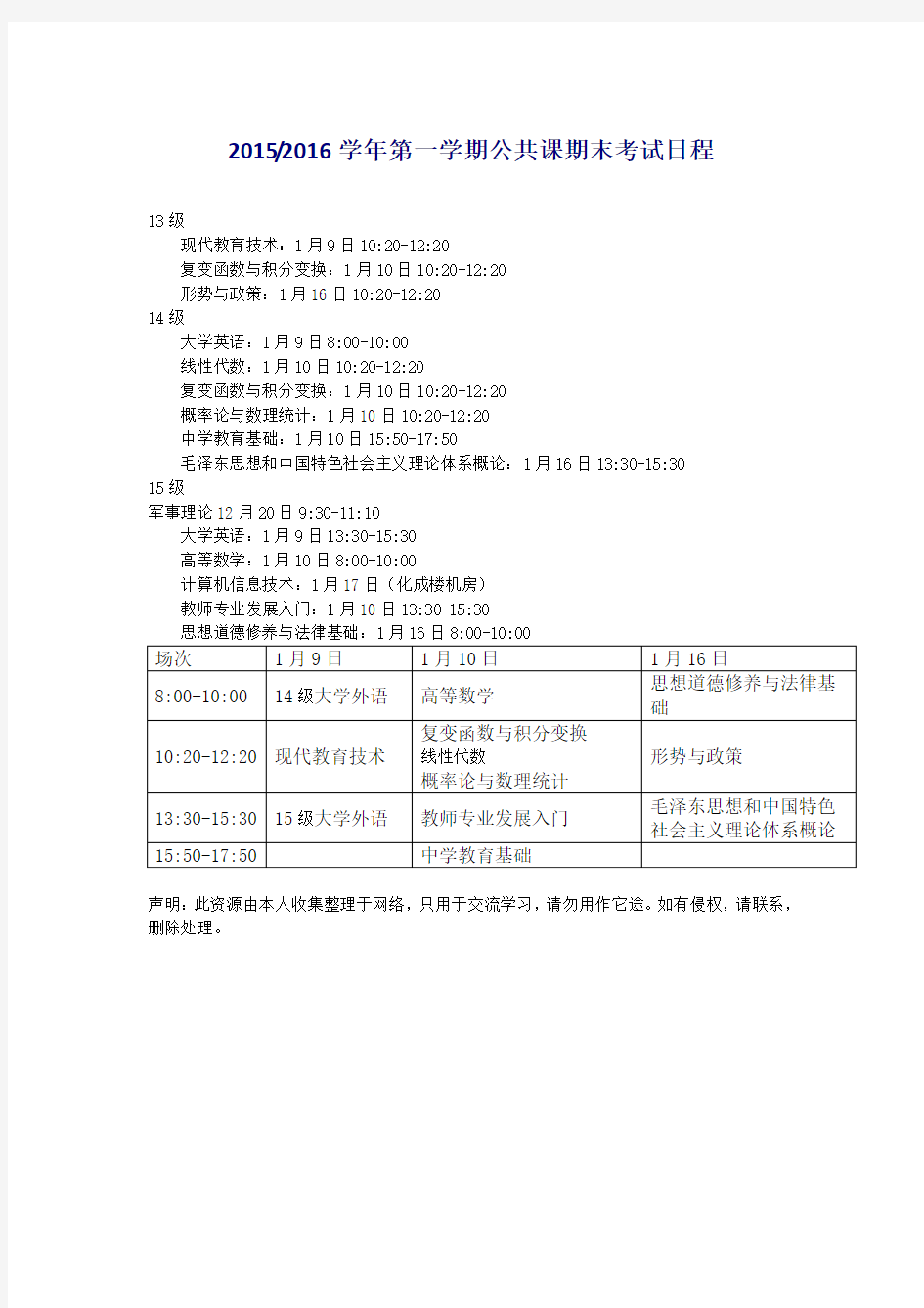 20152016学年第一学期公共课期末考试日程