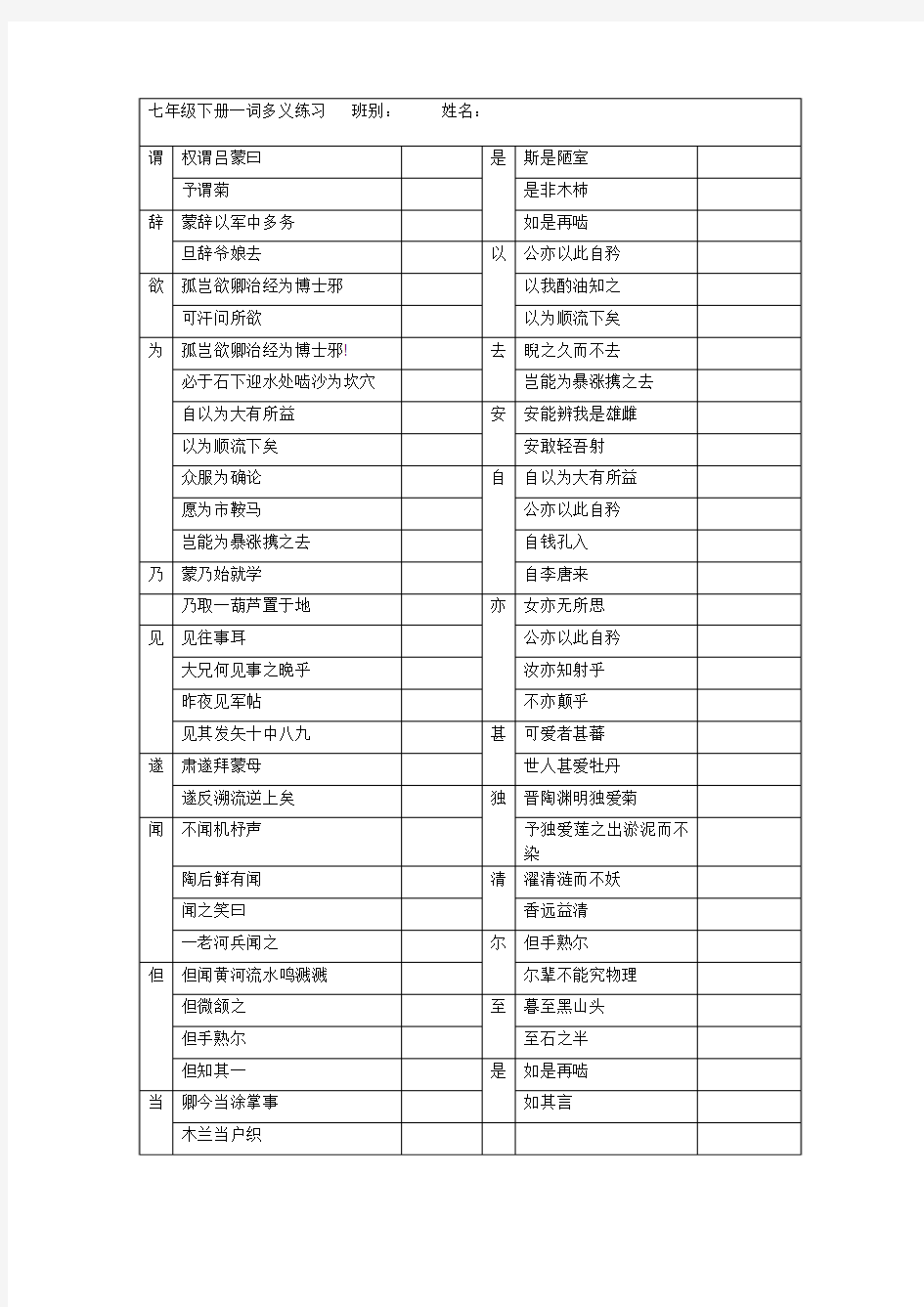 部编本人教版初一七年级下册文言文一词多义练习