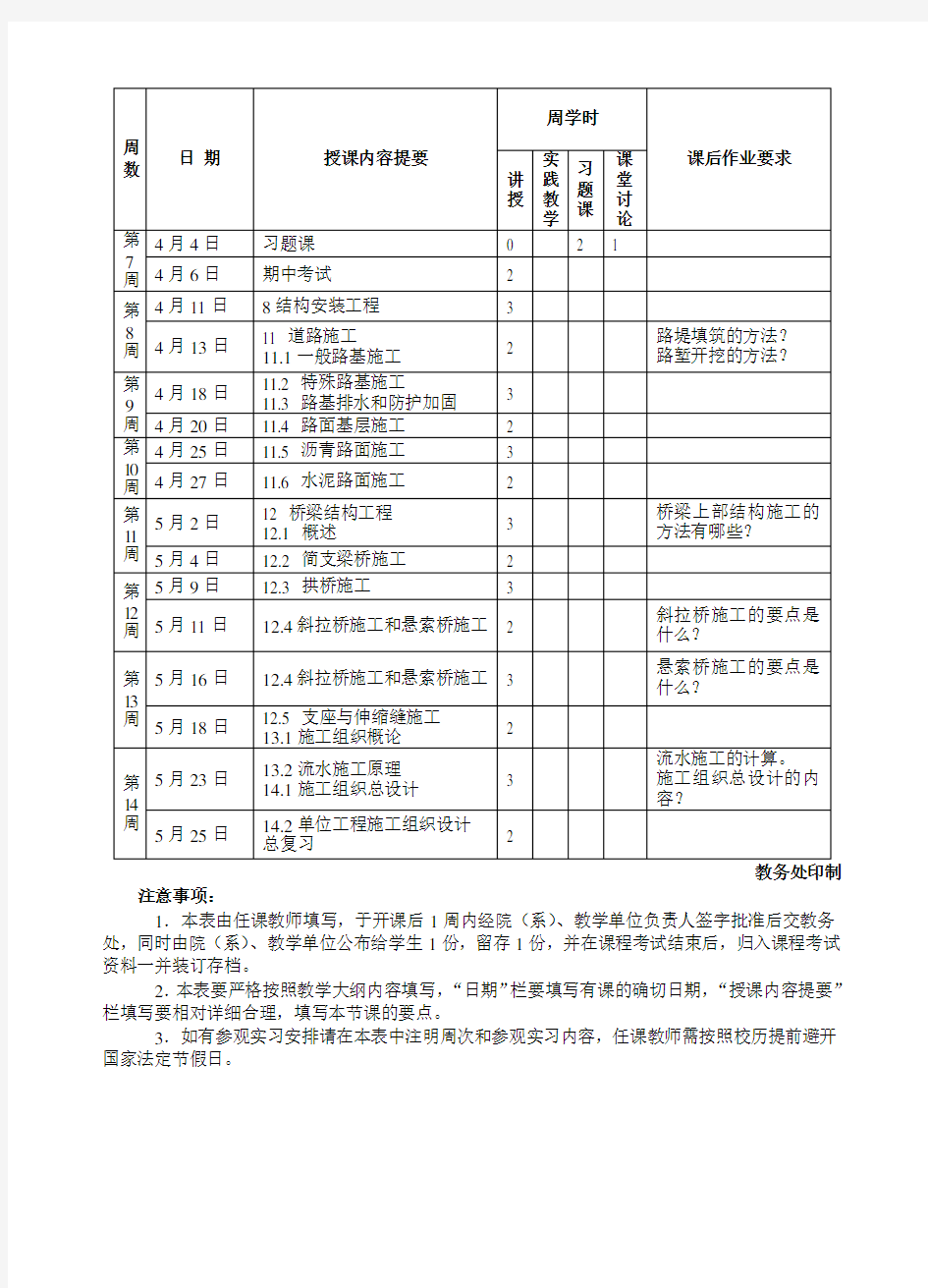 三江学院教学进程表(教学周历)