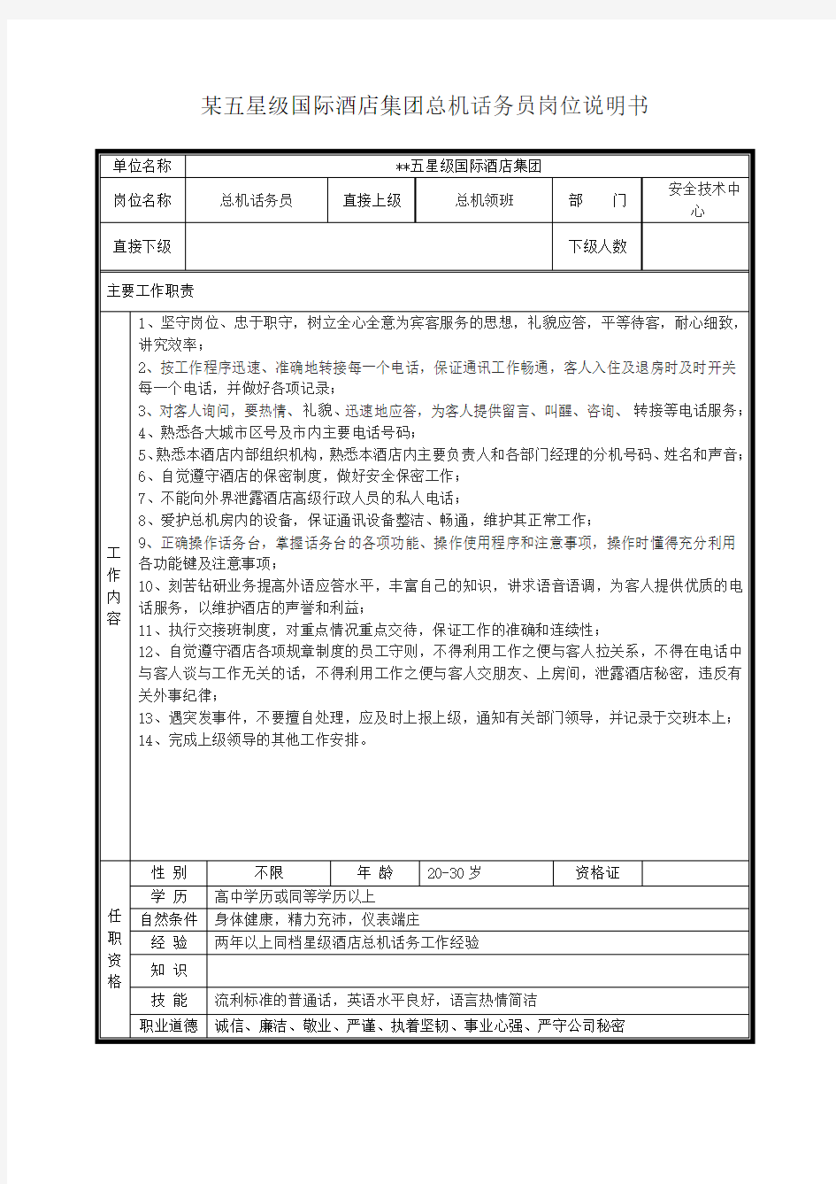 某五星级国际酒店集团总机话务员岗位说明书