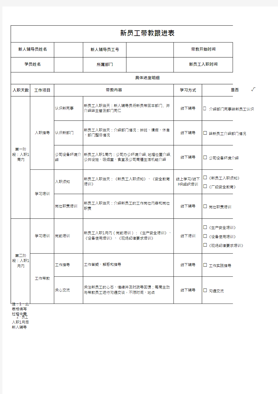 新员工带教跟进表