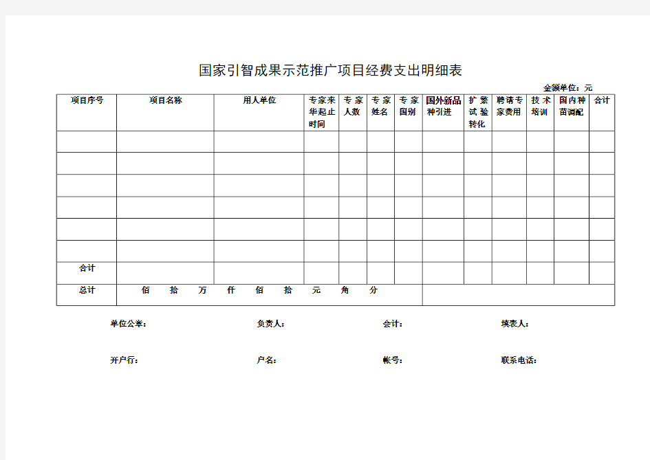 引进人才专家经费支出明细表