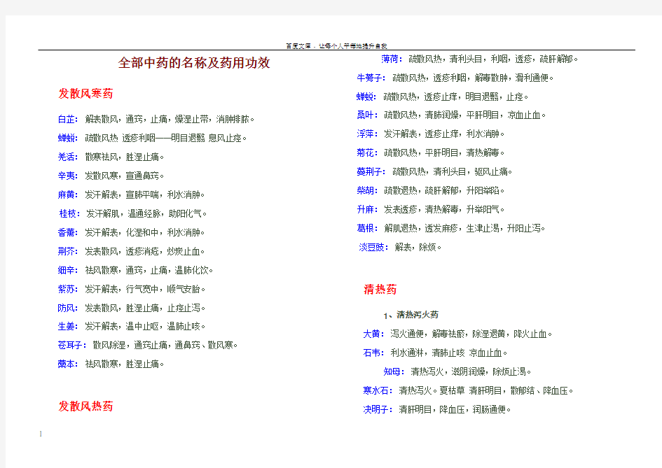 常用中药名称及药用功效