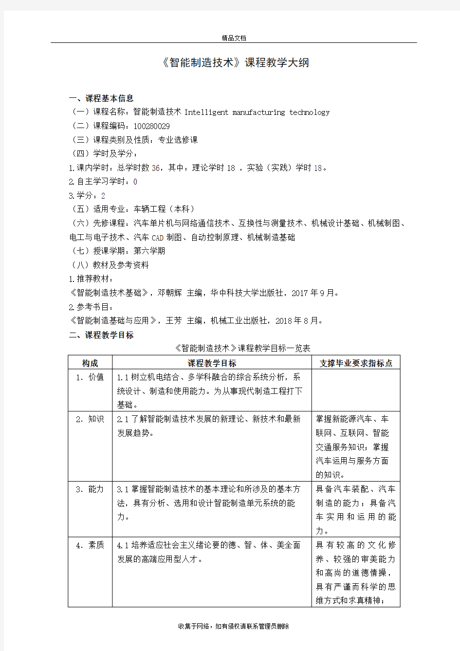 《智能制造技术》课程教学大纲doc资料