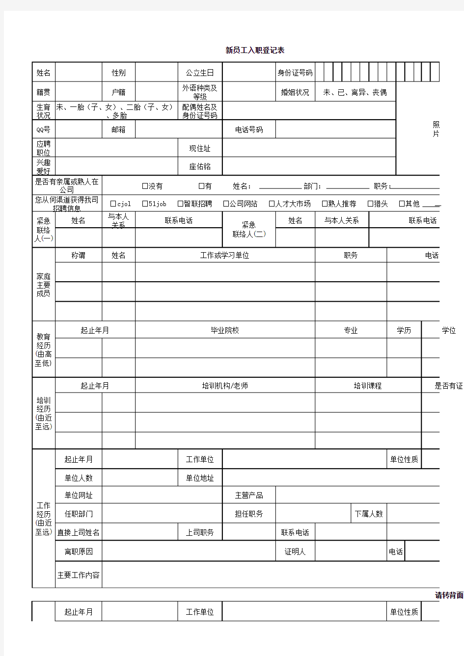 新员工入职登记表模板资料