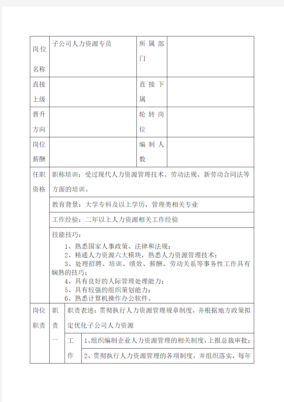 人力资源专员岗位说明书模板最新)