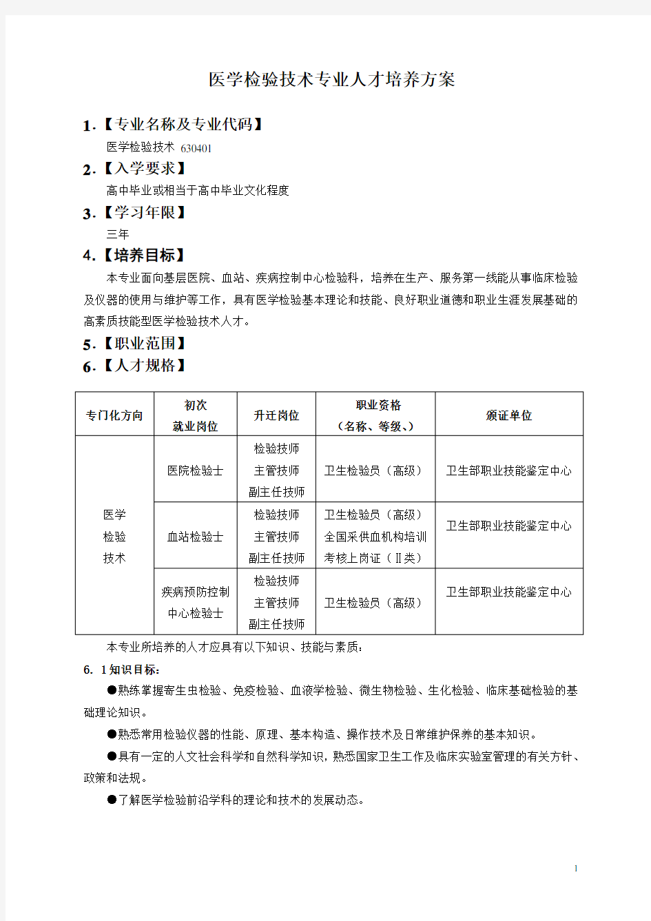 高职医学检验技术专业人才培养方案