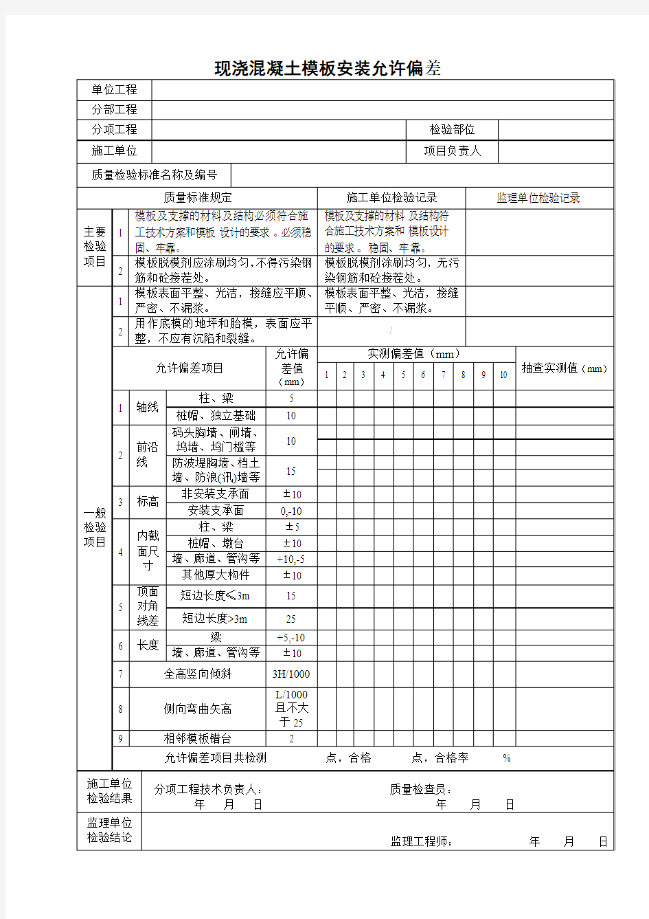 现浇混凝土模板安装允许偏差