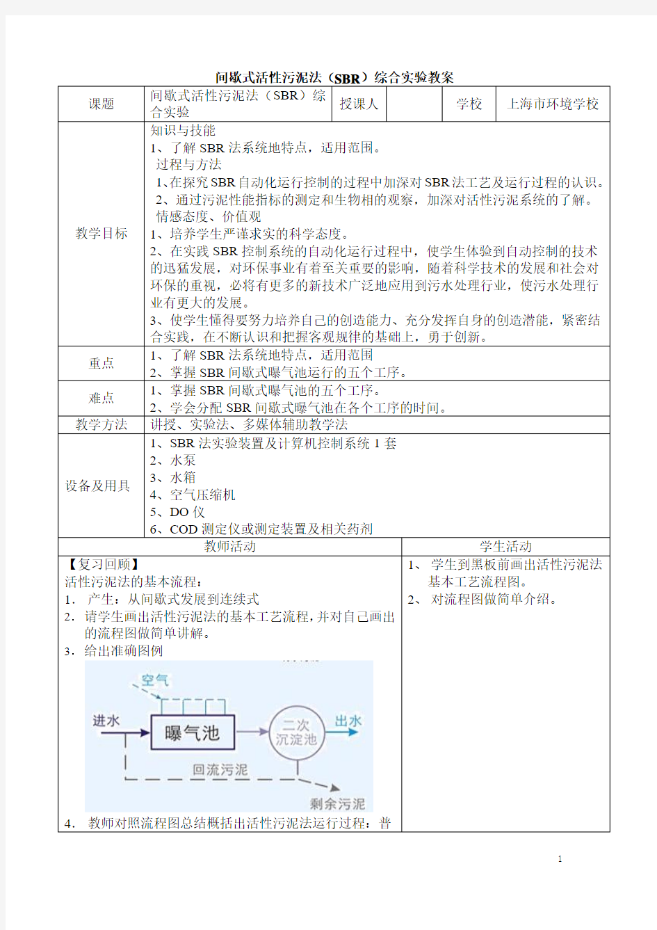 间歇式活性污泥法(SBR)综合实验教案