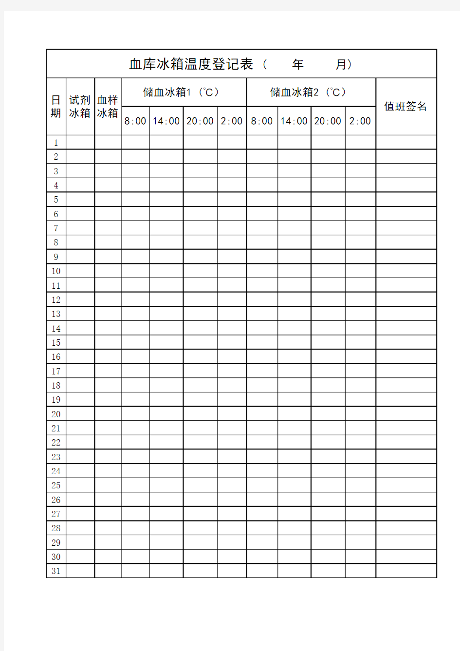 血库冰箱温度登记表 (    年     月)