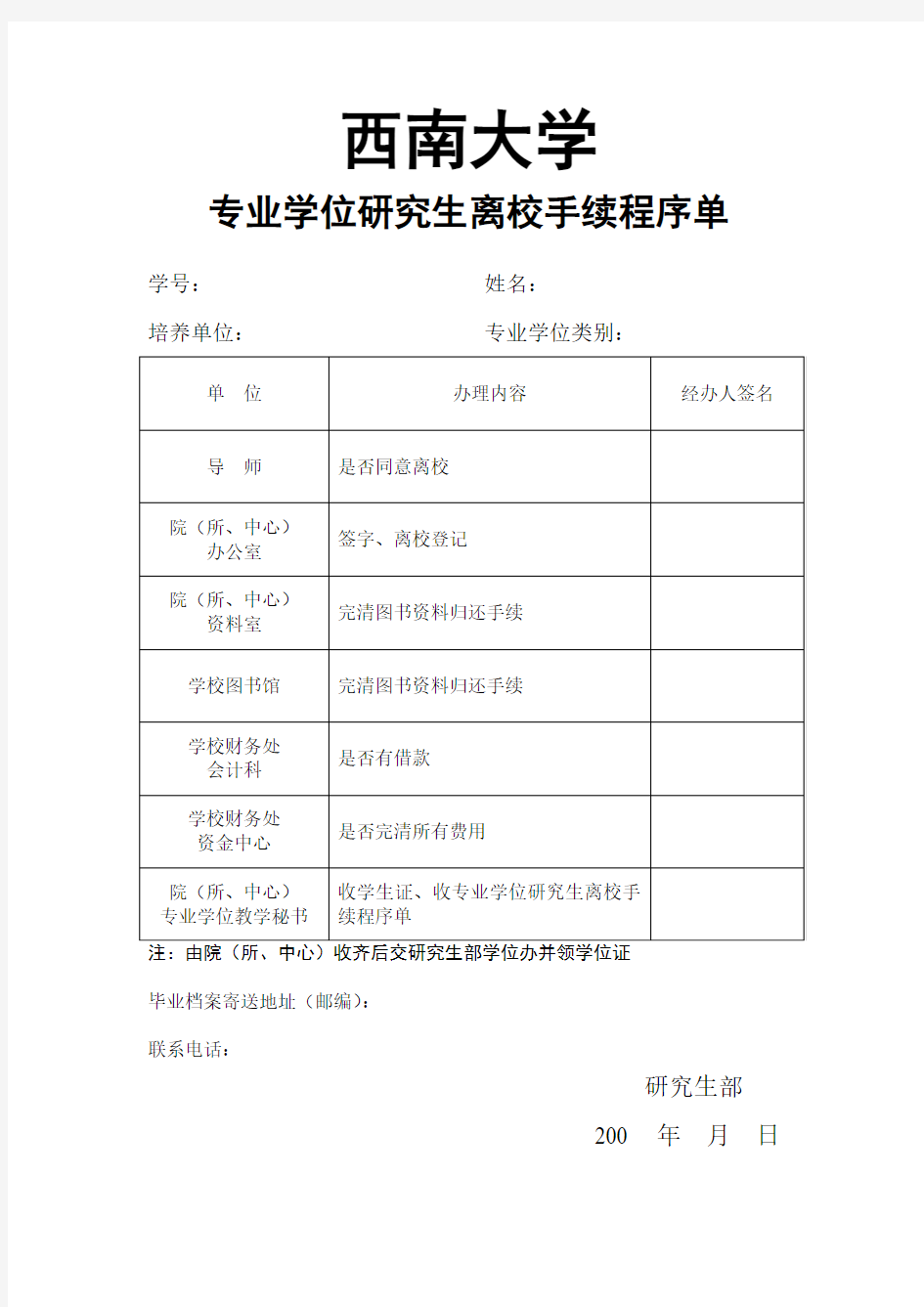 西南大学 专业学位研究生离校手续程序单