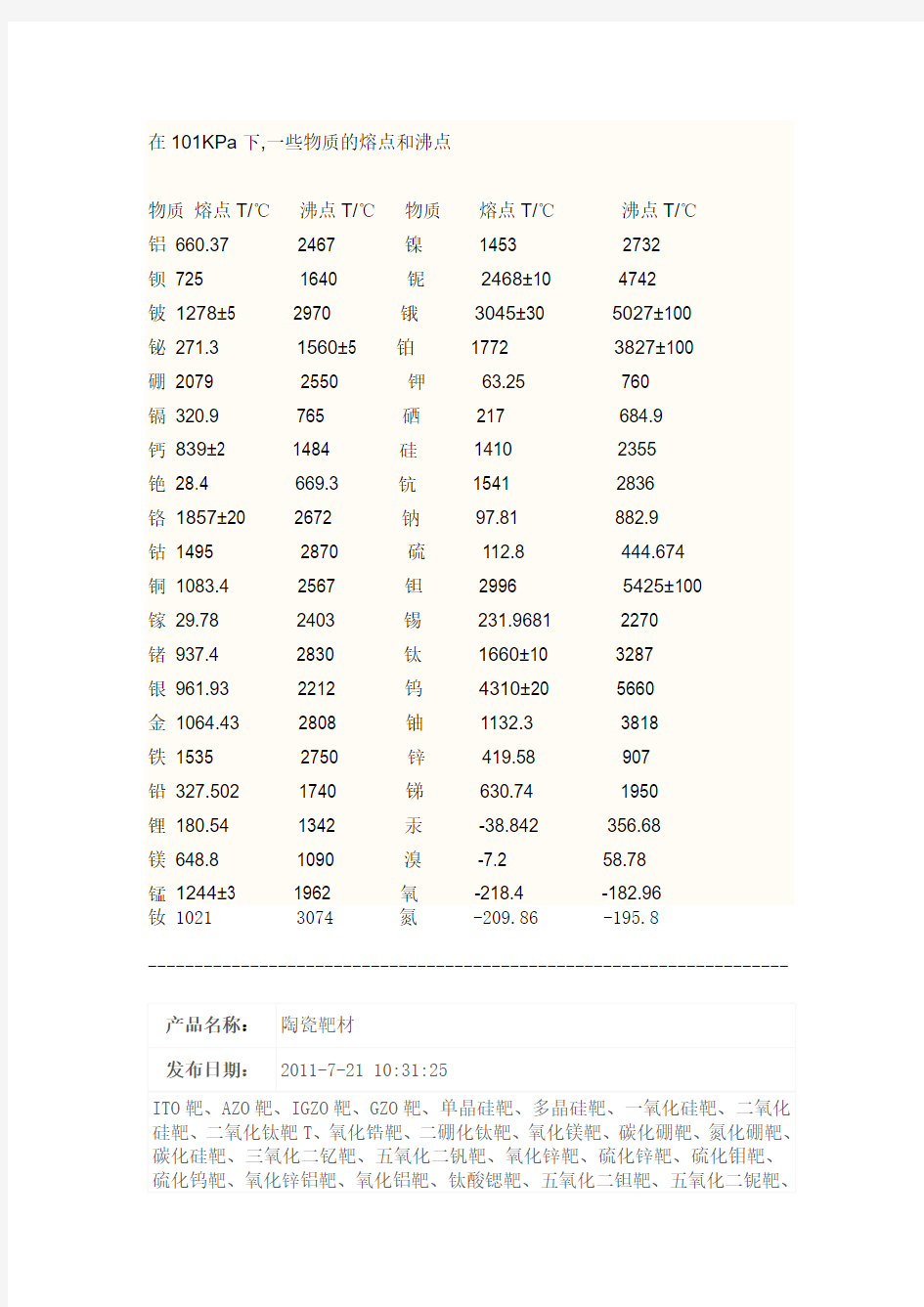 各类物质的熔点