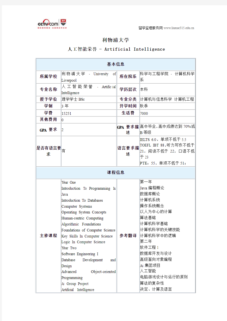 利物浦大学人工智能荣誉本科