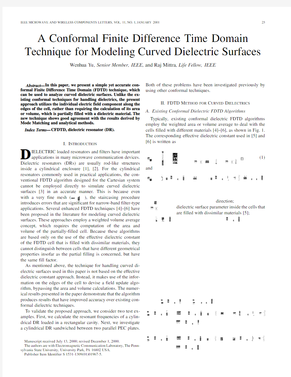 A Conformal Finite Difference Time Domain Technique for Modeling Curved Dielectric Surfaces