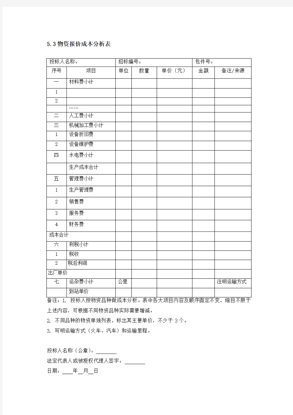 招投标物资采购报价成本表