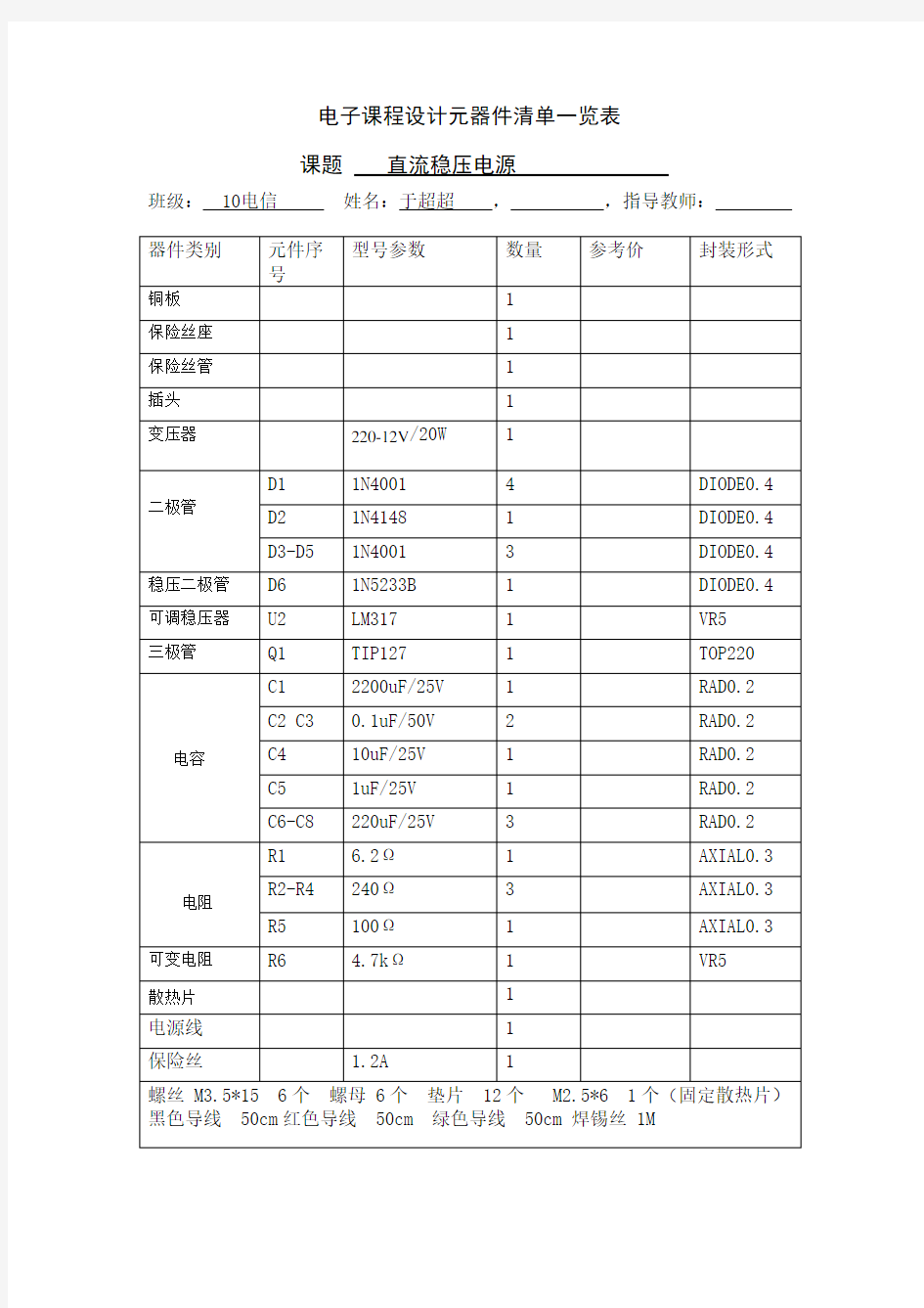 元器件清单表