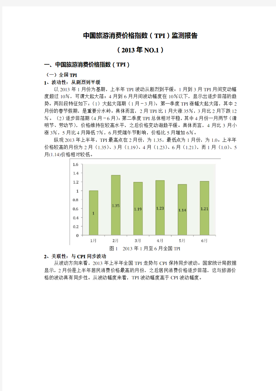 中国旅游消费价格指数(TPI)监测报告(2013年NO.1)