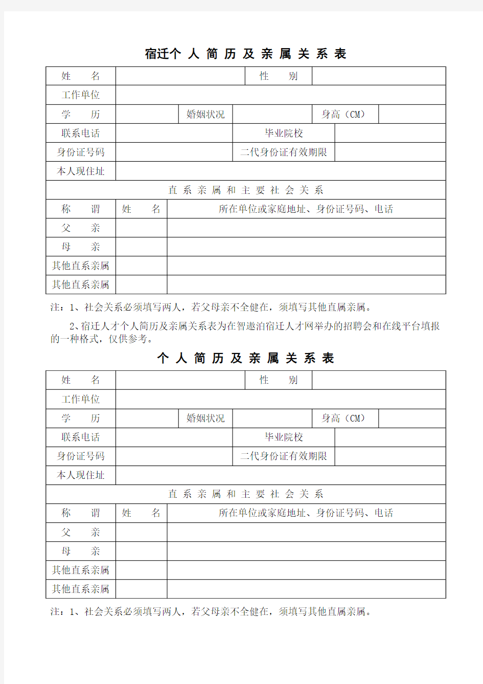 宿迁人才个人简历及亲属关系表