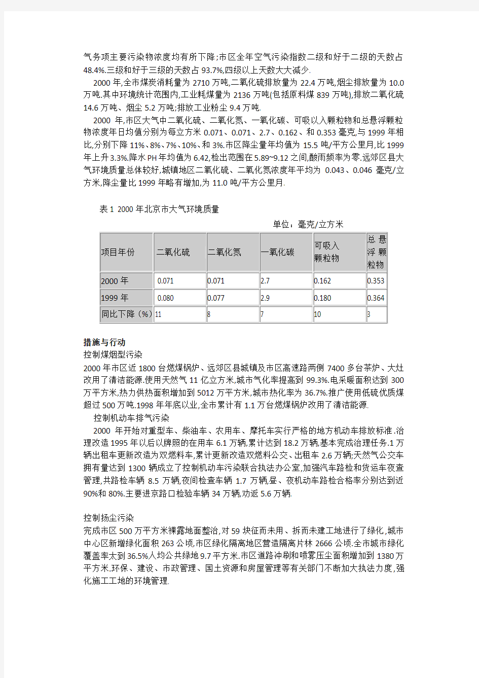 2000年北京市环境状况公报