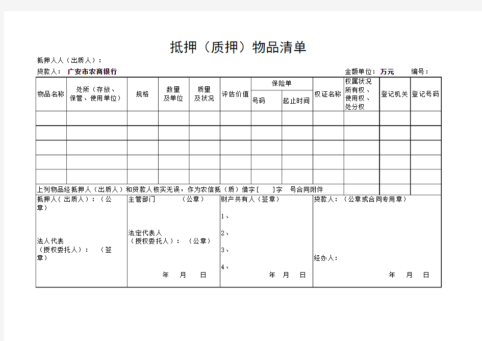 抵押(质押)物品清单