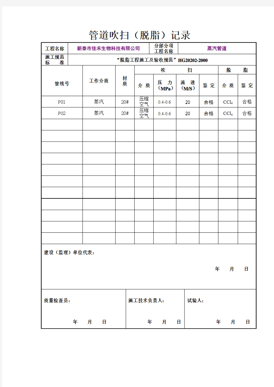 管道吹洗(脱脂)记录